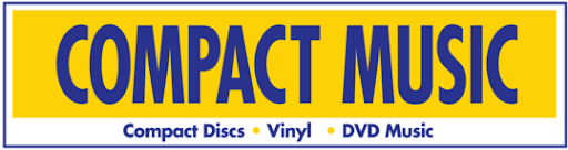 Compact Music logo, with Compact Discs, Vinyl, DVD Music written underneath. Blue writing on a yellow background