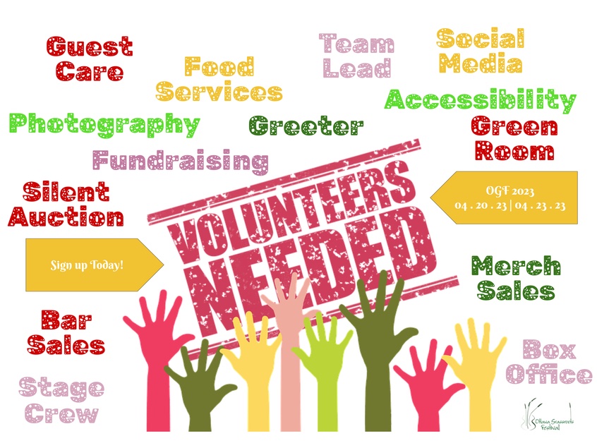 Word collage with various volunteer positions available at the festival, and "Volunteers Needed" in the middle with raised hands in front
